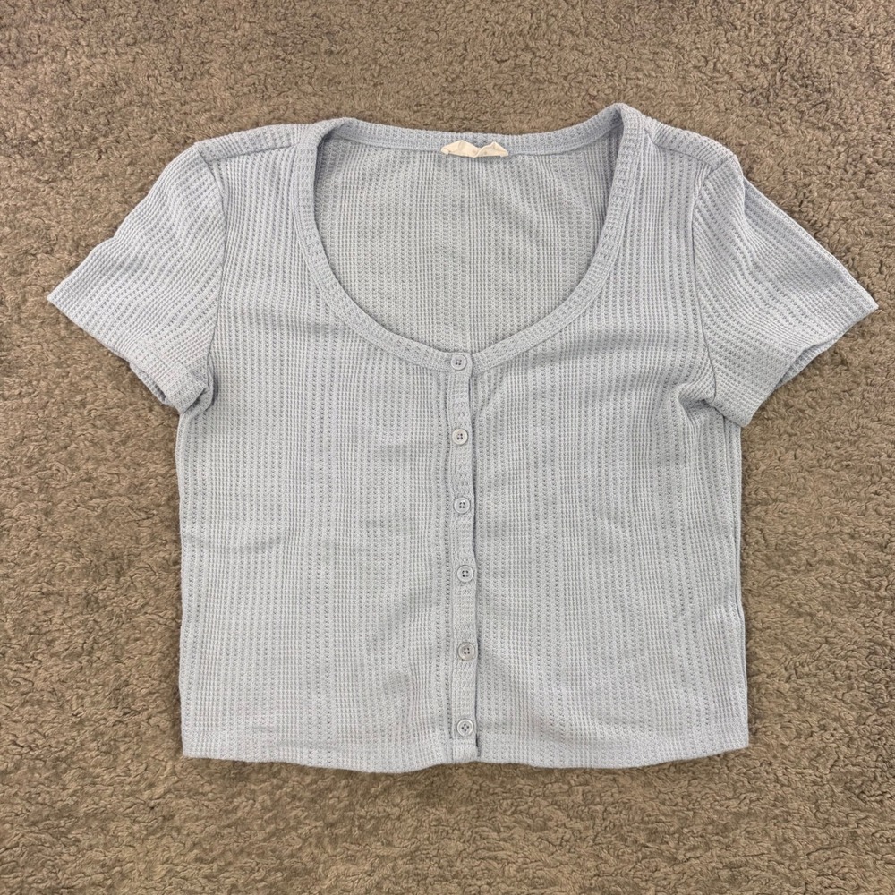 Elodie Womens Large Light Blue Waffle Knit Button Front Cropped Short Sleeve Top